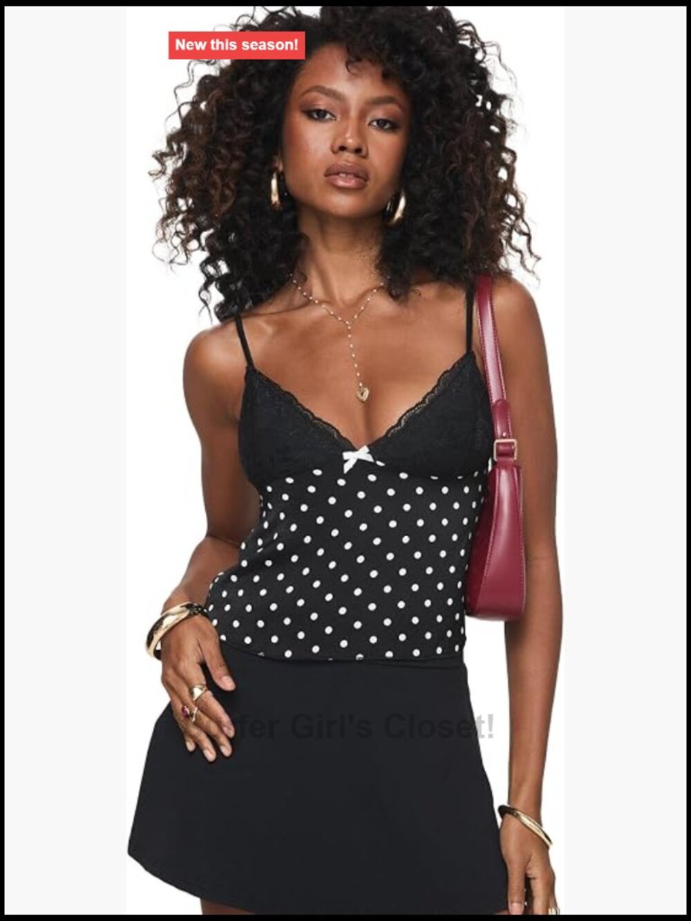 Princess Polly Castien Polka Dot V-Neck Tank Top Lace Detail Adjustable Straps
